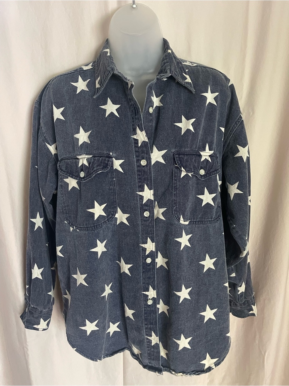 Vtg 90s Quizz New York Star Print Denim Chambray Button Down Shirt - Sz S